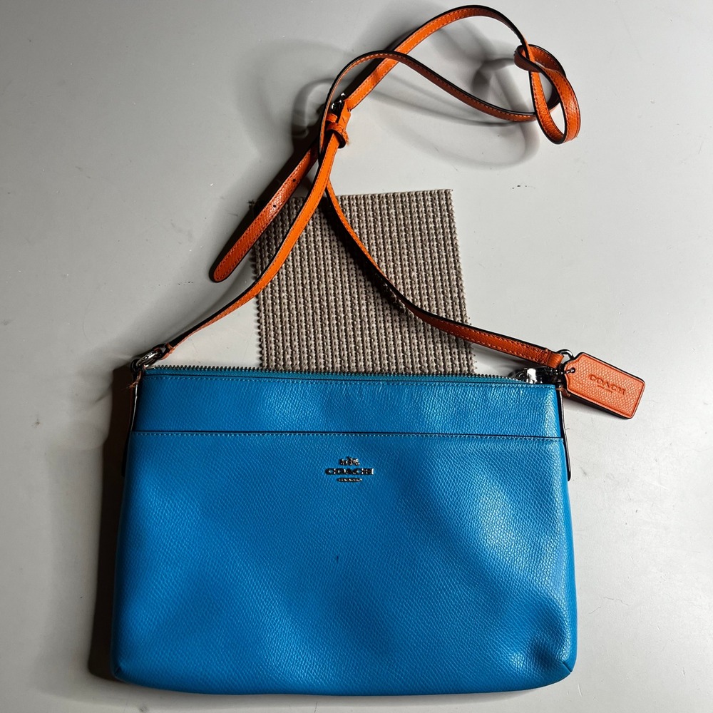 Coach Blue Orange Pebbled Leather Crossbody Bag Zip Top Slim Messenger